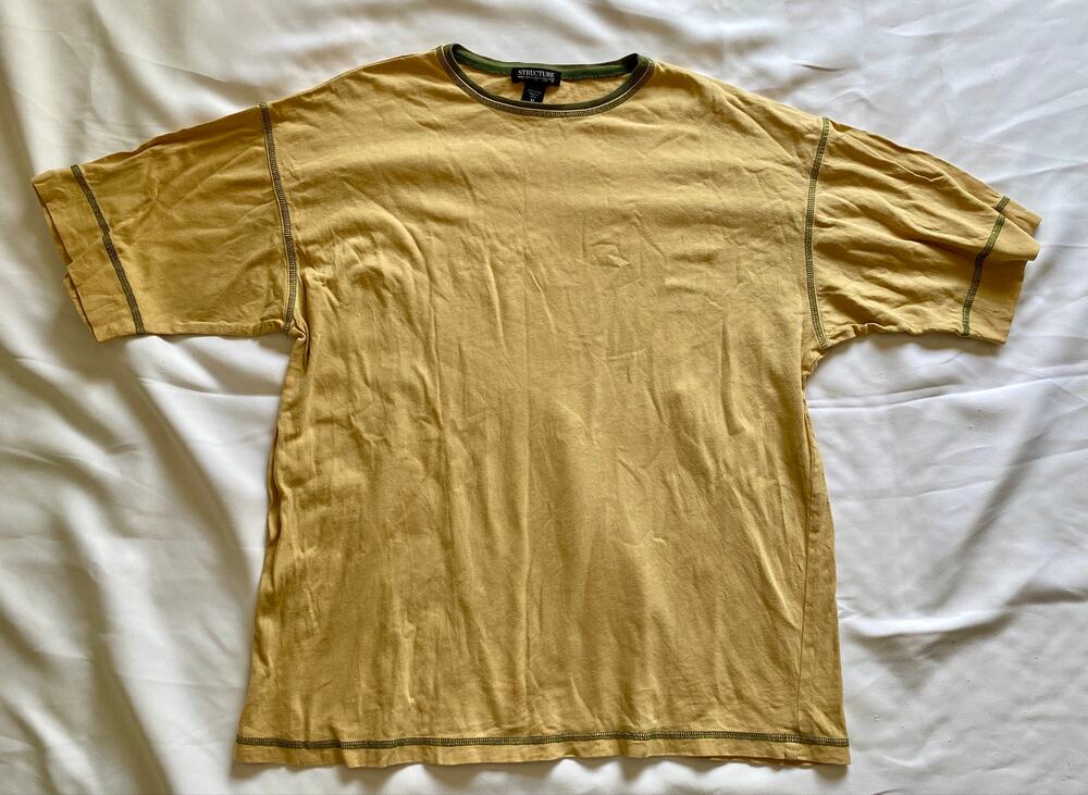 Vintage 90s Structure Contrast-Stitch T-Shirt — Mustard/Olive, Size M